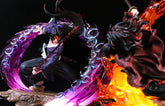 The 29cm Seakoff Tsugikuni Yoriichi Demon Slayer Figure presents a dynamic anime-style pose, wielding a sword with purple energy. Opposing is a figure engulfed in orange flames, representing the Breath of the Sun technique.