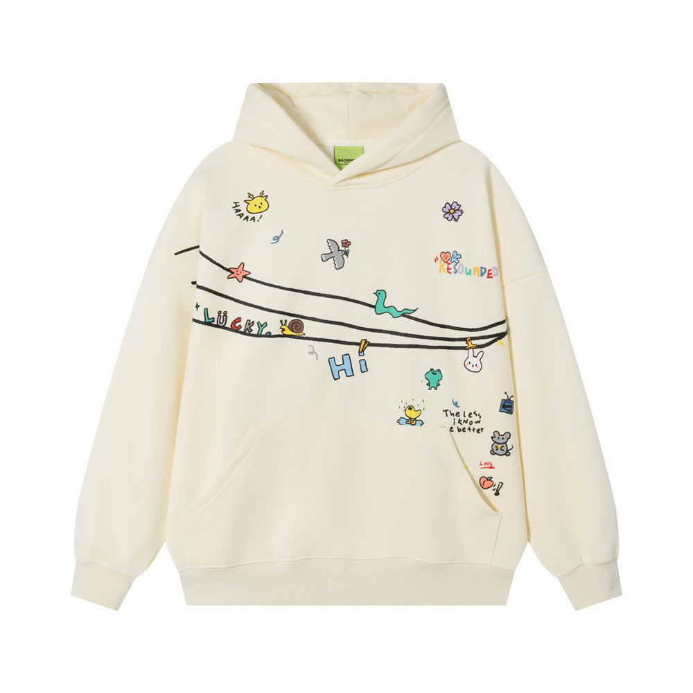 Hoodie oversize écru à capuche avec motif graphique coloré de gribouillages cartoon, vue de face