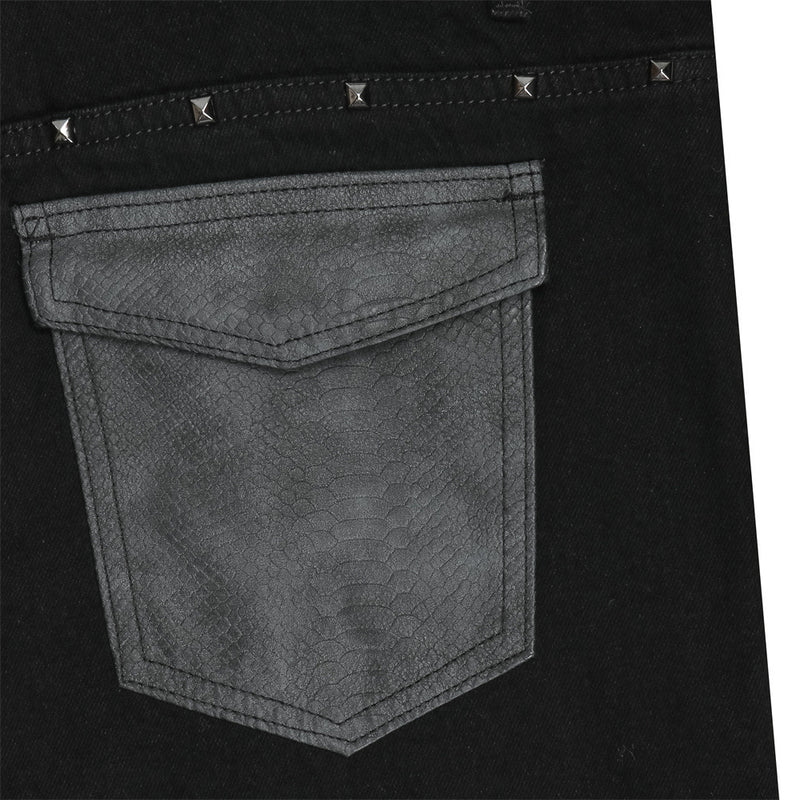 Jean flare noir homme avec détails cloutés et poches arrière en similicuir PU