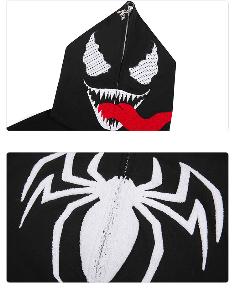 Venom-Inspired Hoodie with Signature Tongue and Spider Logo Design