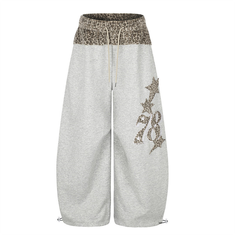Wide-Leg Sweatpants with Leopard Print Waistband & Star Patch Embroidery