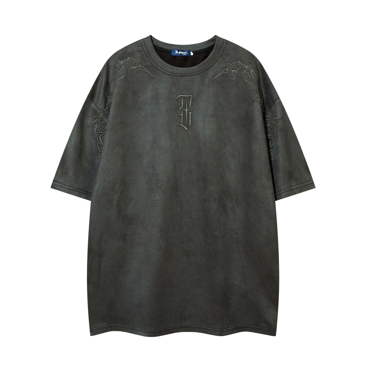 Men's oversized suede-finish washed short sleeve tee with thorn embroidery on shoulders and gothic logo on chest in charcoal