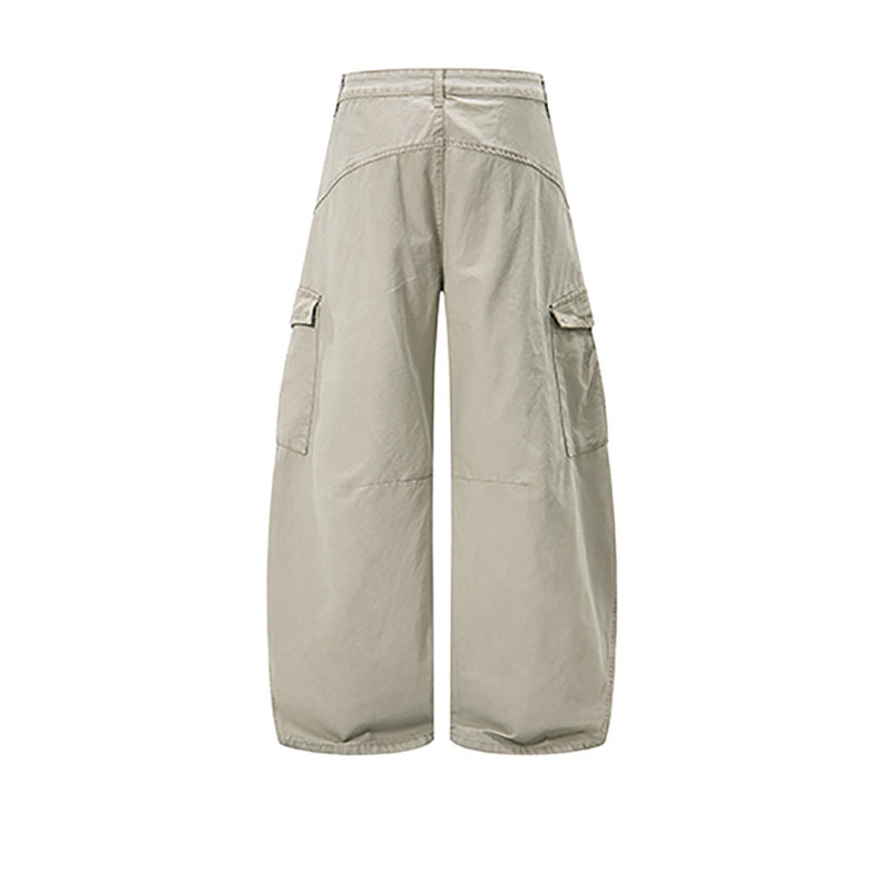 Light beige wide-leg cargo pants with side flap pockets, back view