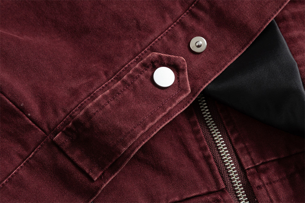 Men's Washed Denim Stand Collar Jacket with Metal Clasp