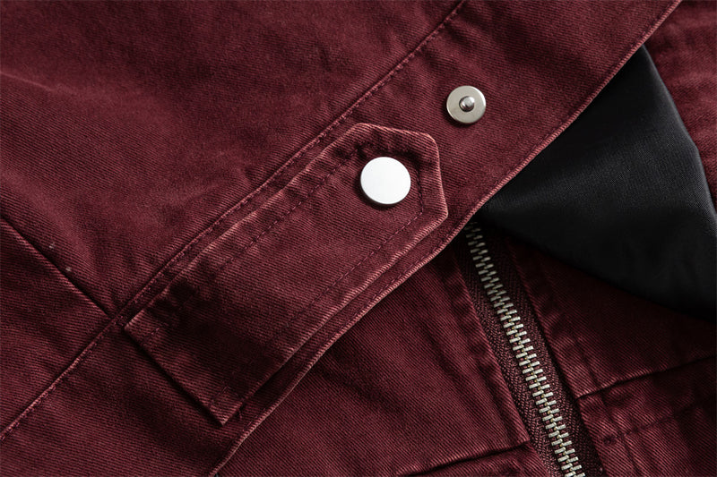 Men's Washed Denim Stand Collar Jacket with Metal Clasp