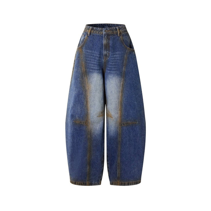 Baggy Wide-Leg Jeans – Deconstructed Patchwork Scimitar Seam, Vintage Wash with