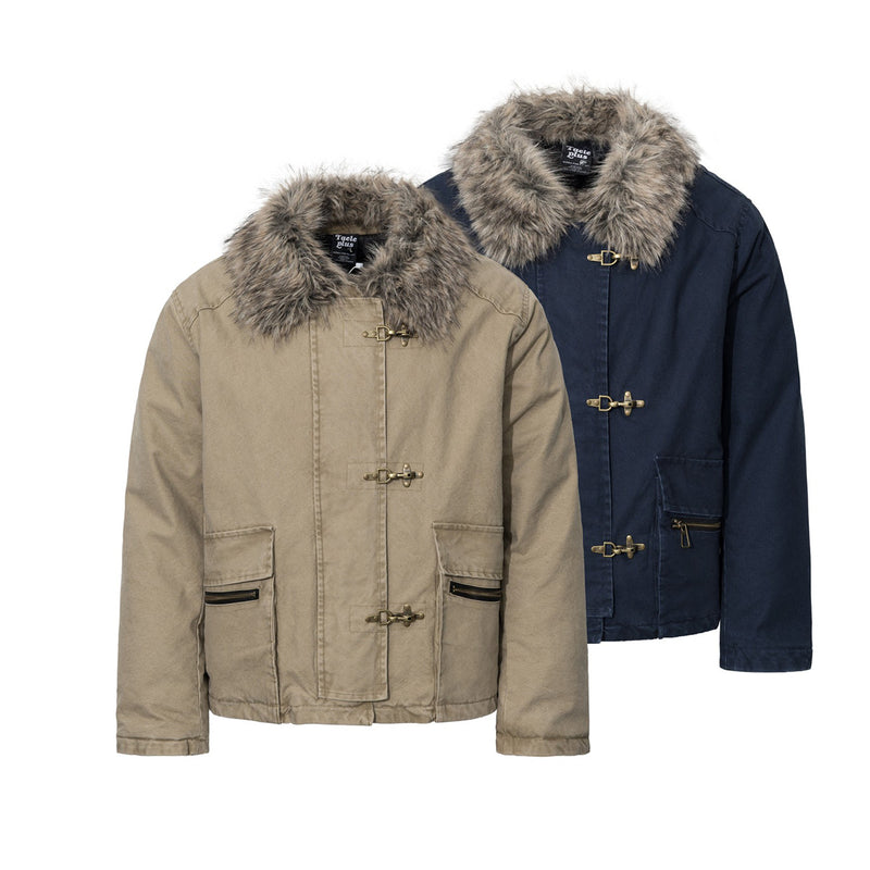 Men's Faux Fur Collar Cotton Padded Jacket with Toggle Closures