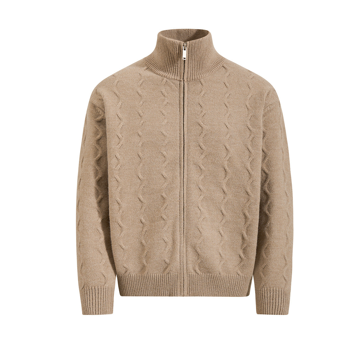 Men's cable knit full-zip turtleneck sweater jacket in khaki with diamond texture pattern