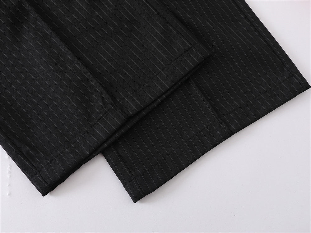 Black Pinstripe Wide-Leg Trousers – Pleated Relaxed Fit Dress Pants