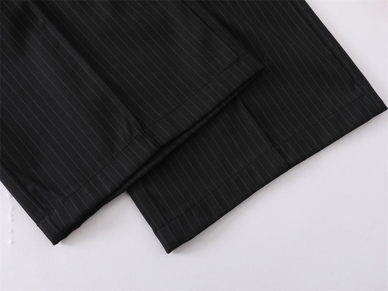 Black Pinstripe Wide-Leg Trousers – Pleated Relaxed Fit Dress Pants