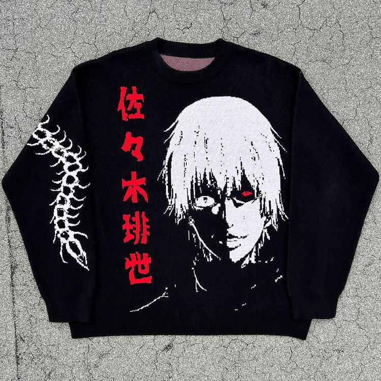 The Premium Kaneki Ken-Inspired Full Knit Sweater by Tokyo Ghoul features a black design of Kaneki Ken with white hair, black mask, and red eye. Red Japanese text accents the left side, while a white spinal design runs down the sleeve on a textured gray background.