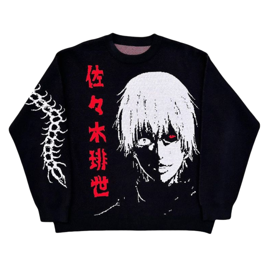 The Premium Kaneki Ken-Inspired Full Knit Sweater – Tokyo Ghoul Jacquard Design by Tokyo Ghoul features Kaneki Ken with white hair and a red eye, vertical red Japanese text on the left side, and a white vertebrae design running down the sleeve.