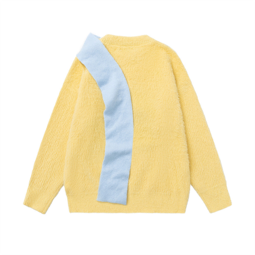 Cartoon Dog Colorblock Crew Neck Knit Sweater – Oversized Fuzzy Pullover