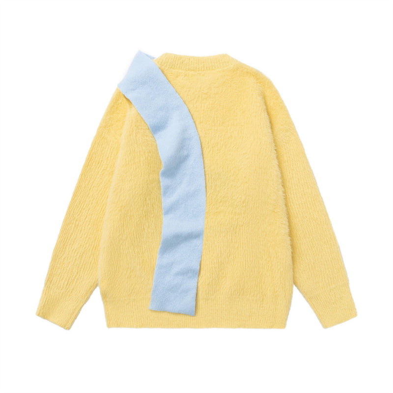 Cartoon Dog Colorblock Crew Neck Knit Sweater – Oversized Fuzzy Pullover