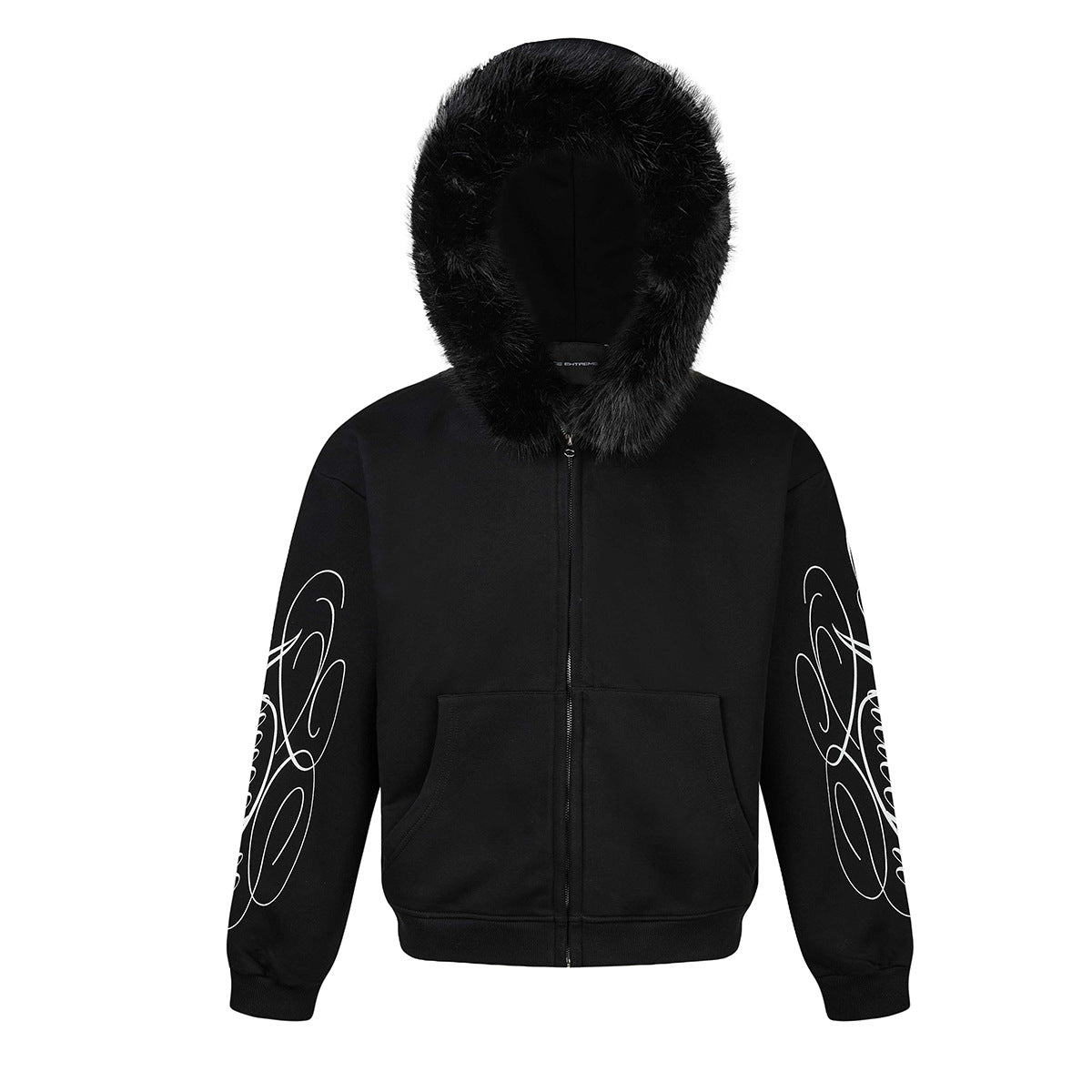 Sweat à capuche zippé avec bordure en fausse fourrure et imprimé script sur les manches