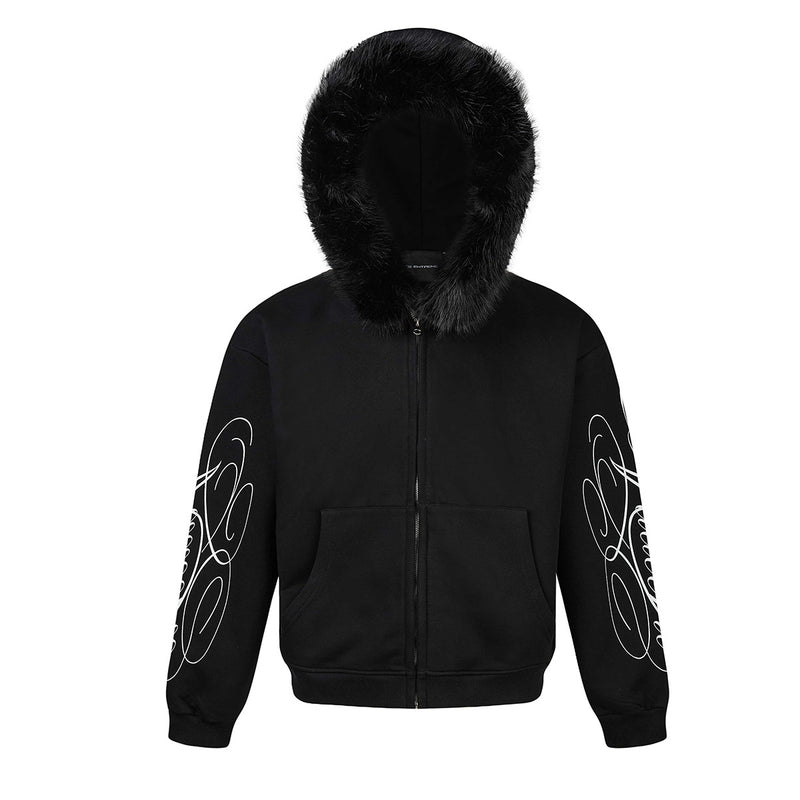 Sweat à capuche zippé avec bordure en fausse fourrure et imprimé script sur les manches