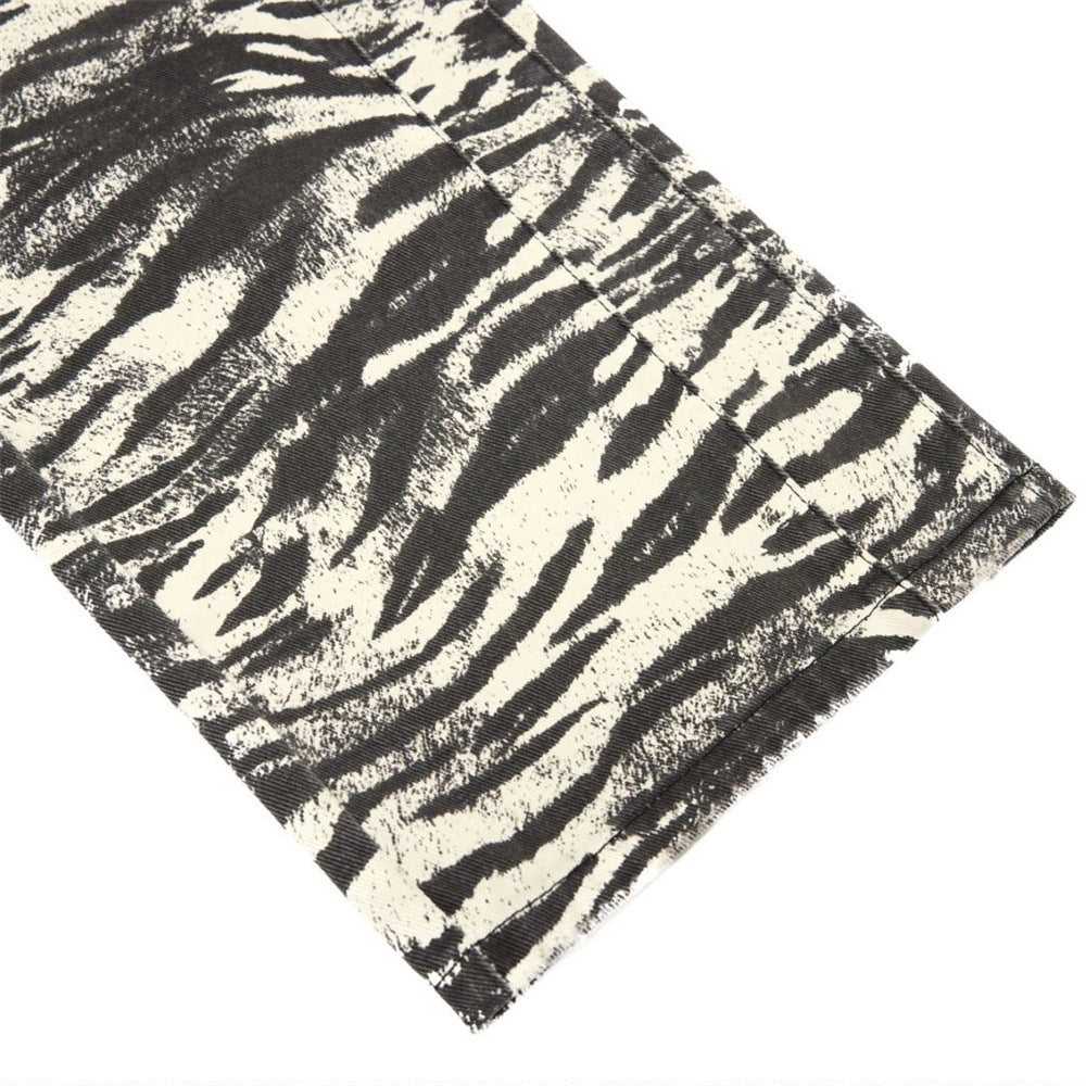 Zebra Print Wide-Leg Jeans – Men's Straight Fit Punk Street Style Denim Pants