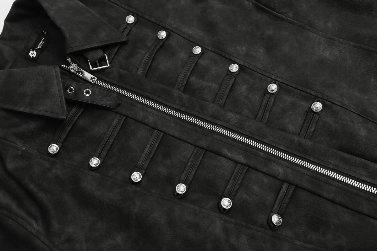Military-Style Faux Leather Jacket – Punk Band Collar with Decorative Buttons