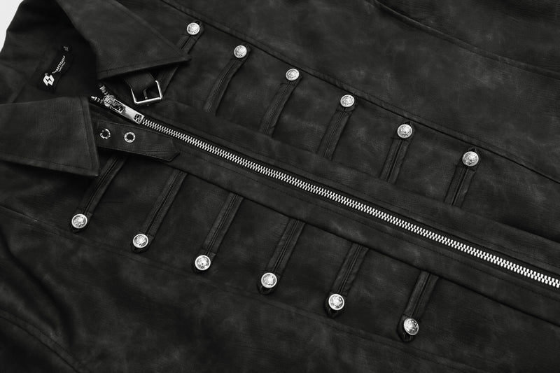 Military-Style Faux Leather Jacket – Punk Band Collar with Decorative Buttons