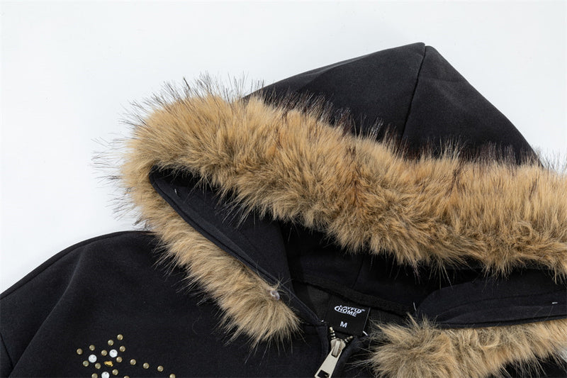Fur-Trim Zip-Up Hoodie with Studded Skeleton Design – Oversized Streetwear