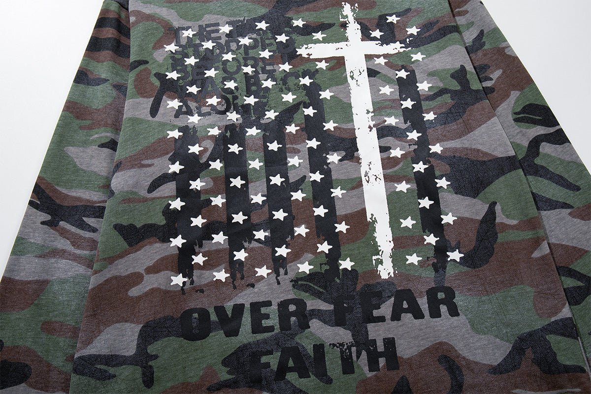 Long Sleeve Camo Graphic Tee – Cross & American Flag Stars Print, Crew Neck