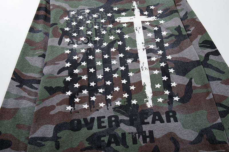 Long Sleeve Camo Graphic Tee – Cross & American Flag Stars Print, Crew Neck
