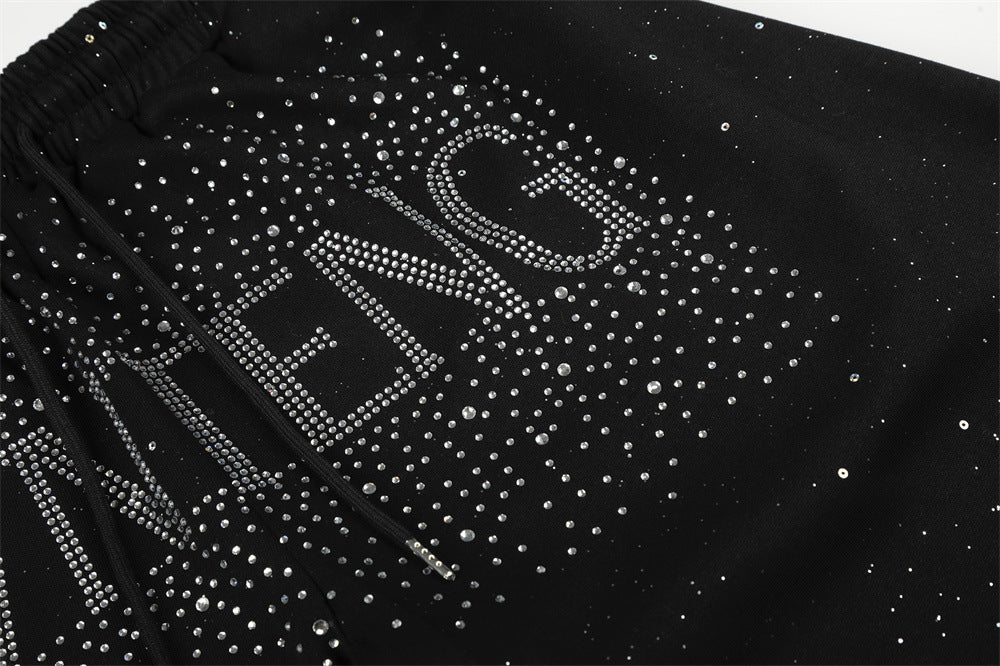 Men's Wide-Leg Sweatpants with Rhinestone Letter Print & All-Over Starry Sparkle