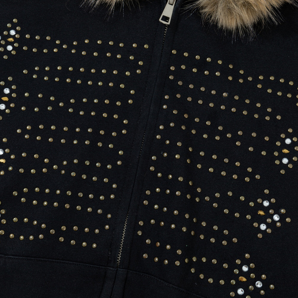 Fur-Trim Zip-Up Hoodie with Studded Skeleton Design – Oversized Streetwear