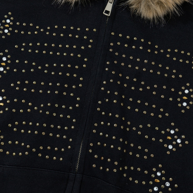Fur-Trim Zip-Up Hoodie with Studded Skeleton Design – Oversized Streetwear