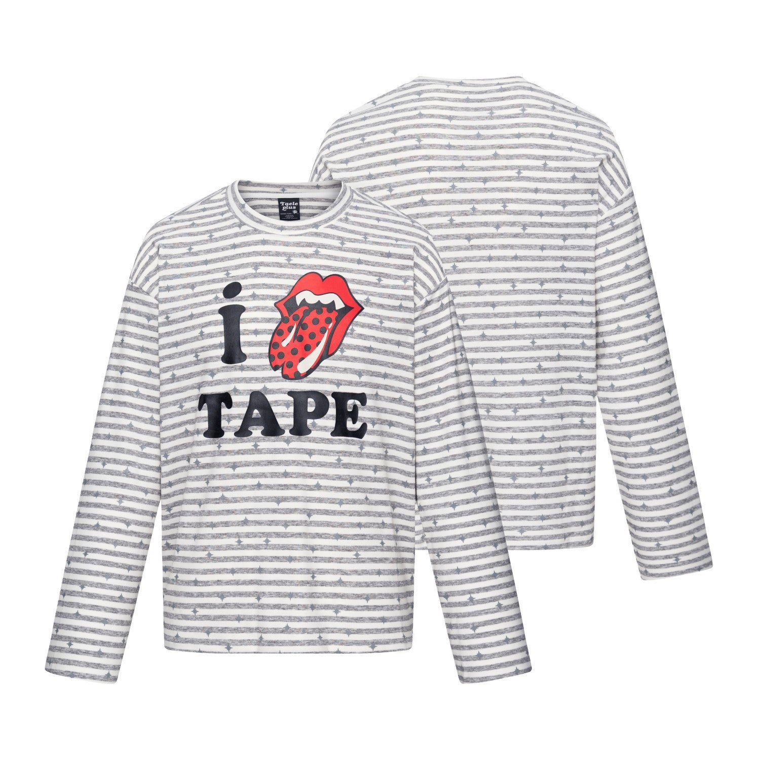 Langarmshirt mit Streifen und Sternprint sowie Rock-Lippen-und-Zunge-Grafik