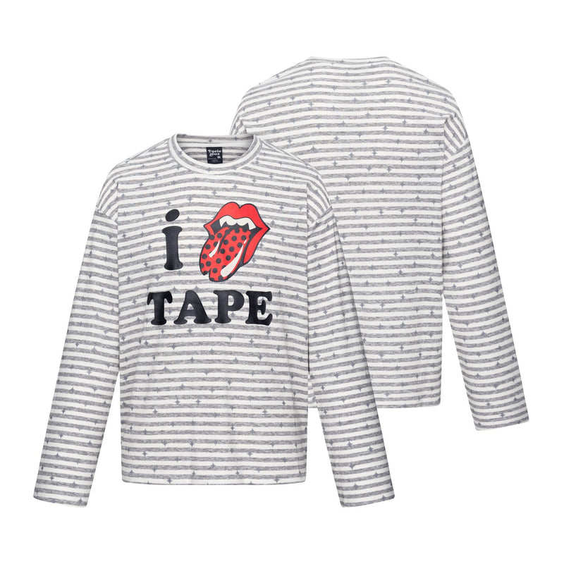 Langarmshirt mit Streifen und Sternprint sowie Rock-Lippen-und-Zunge-Grafik