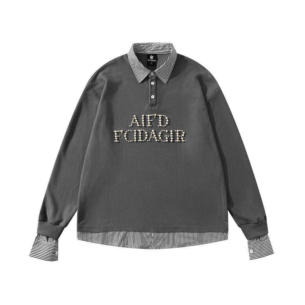 Men's Faux-Layered Polo Sweatshirt with Pearl Stud Letters and Striped Collar