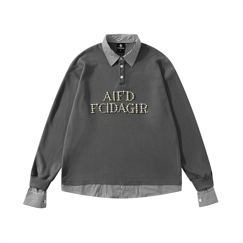 Men's Faux-Layered Polo Sweatshirt with Pearl Stud Letters and Striped Collar