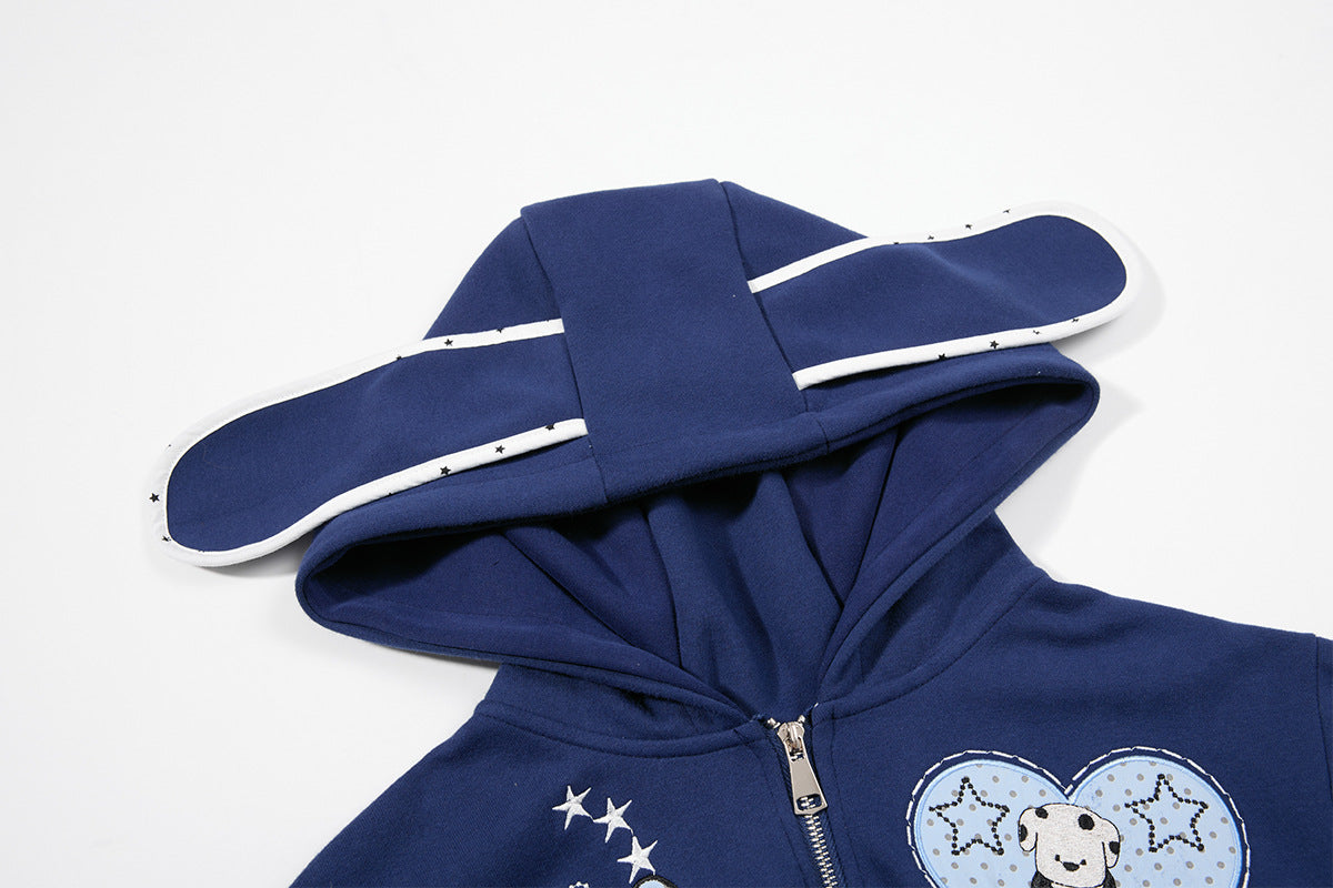 Sweat à capuche graphique bleu marine – Sweat cropped zippé avec écusson chien cartoon