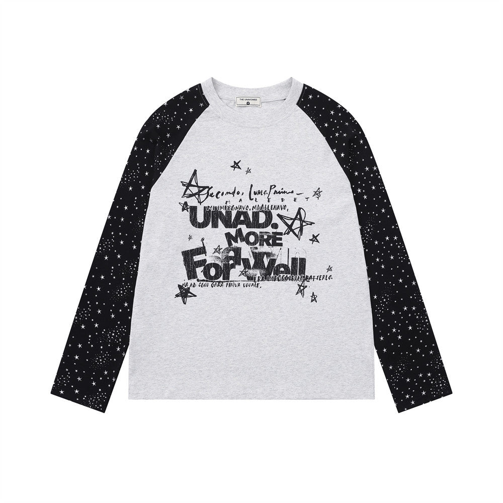 Heather grey raglan long sleeve tee with black star constellation print sleeves and graphic lettering on chest, front and bac