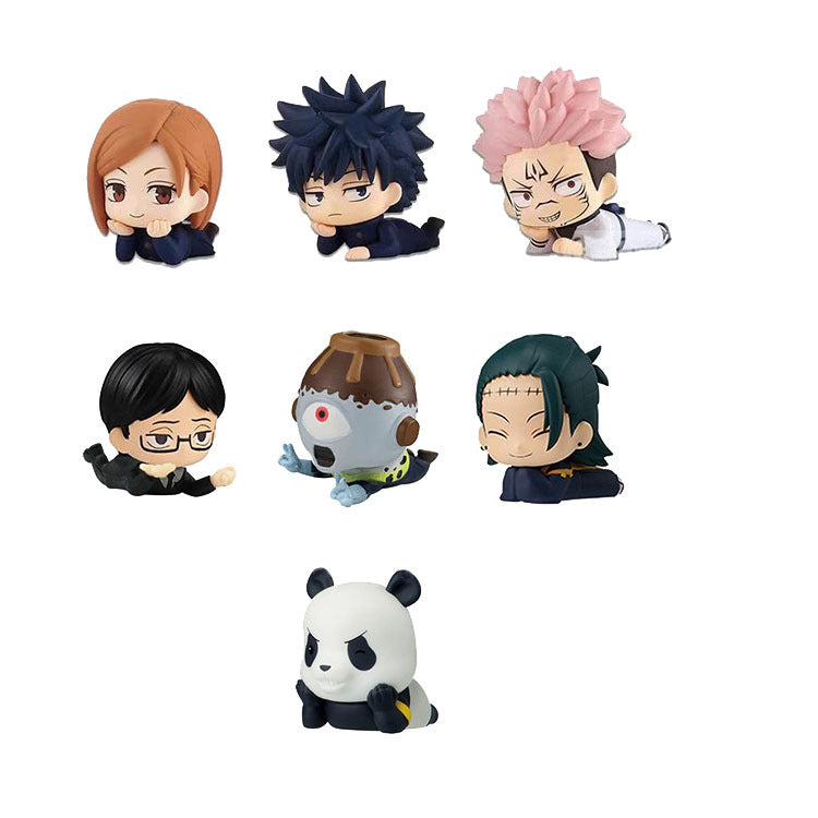 The Jujutsu Kaisen Chibi PVC 12-Piece Figure Set includes uniquely styled figures, one resembling a small panda, arranged on a plain white background with distinctive hair and clothing.