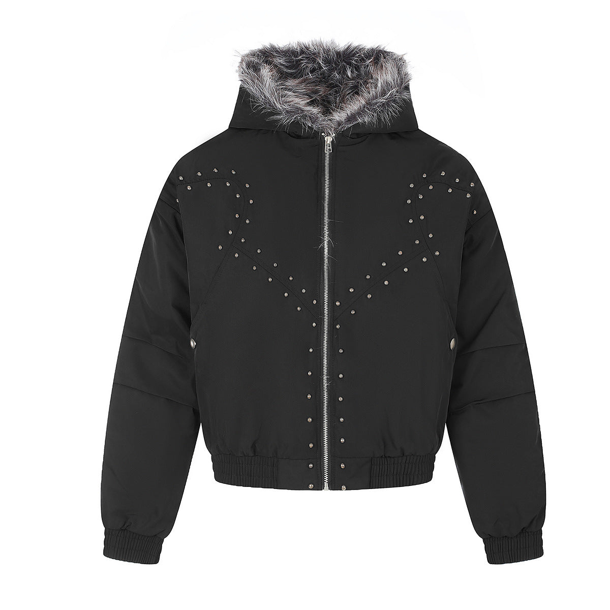 Studded Puffer Bomber Jacket with Faux Fur Hood