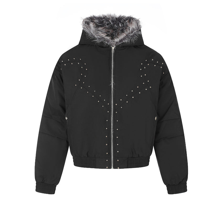 Studded Puffer Bomber Jacket with Faux Fur Hood