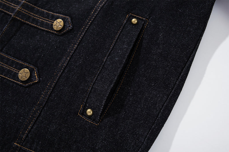 Military-Style Denim Jacket with Napoleon Stand Collar and Gold Star Buttons