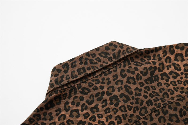 Leopard Print Short Sleeve Shirt with Heart Flocking Patch – Oversized Hip Hop B