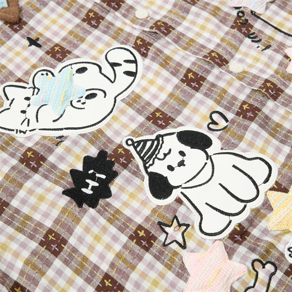 Cartoon Cat & Dog Patch Embroidery Plaid Short Sleeve Shirt