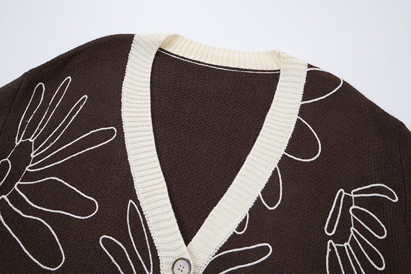 Herren-Strickcardigan mit Blumenstickerei und V-Ausschnitt – Relaxed Fit