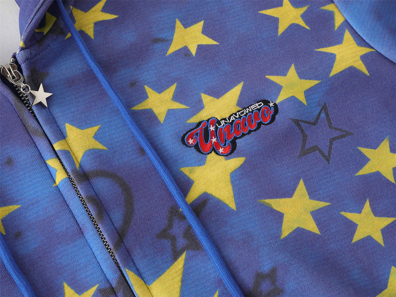 Thick Zip-Up Hoodie Allover Star Print with Embroidered Script Logo