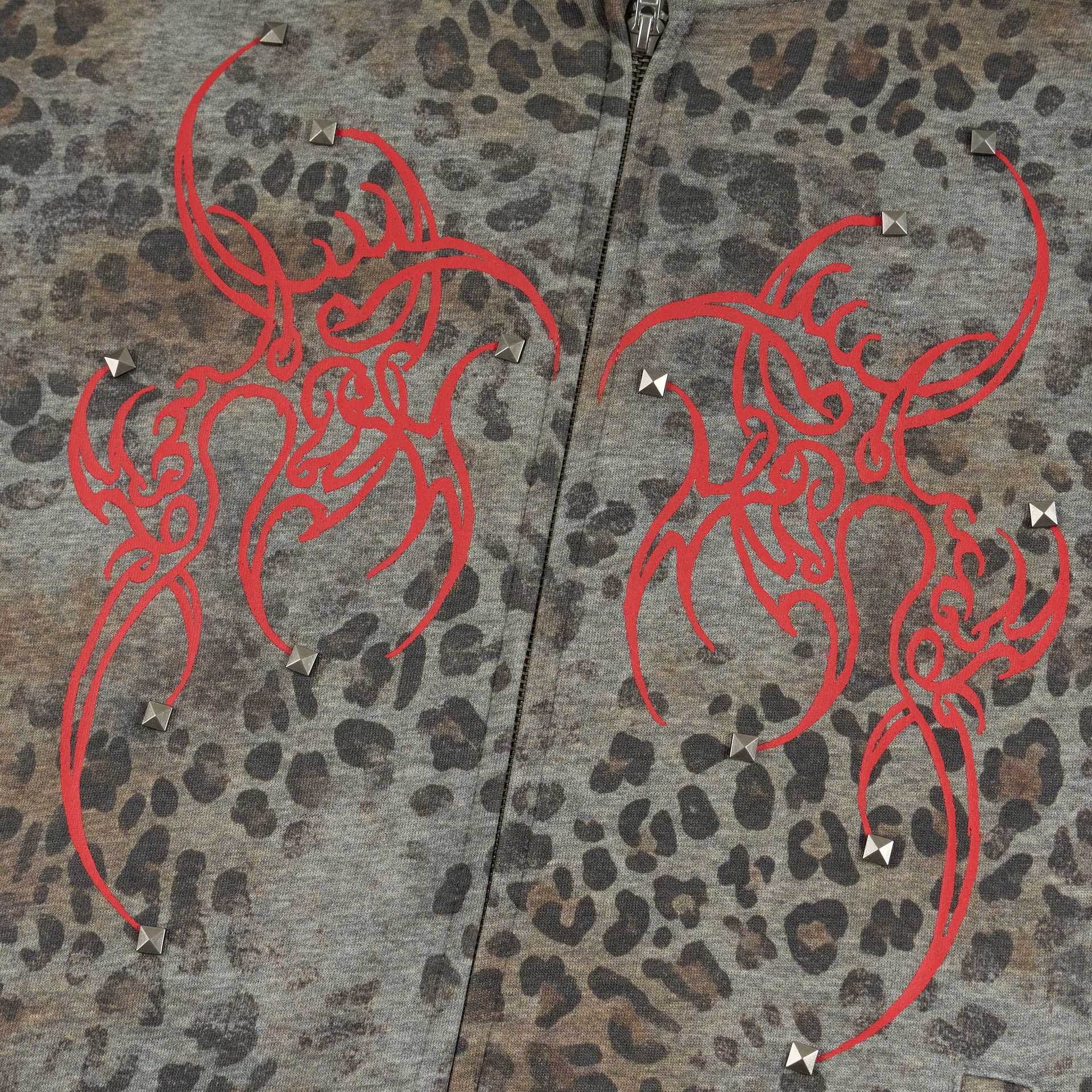 Sudadera con cremallera de estampado de leopardo, alas tribales y gráfico de águila doble