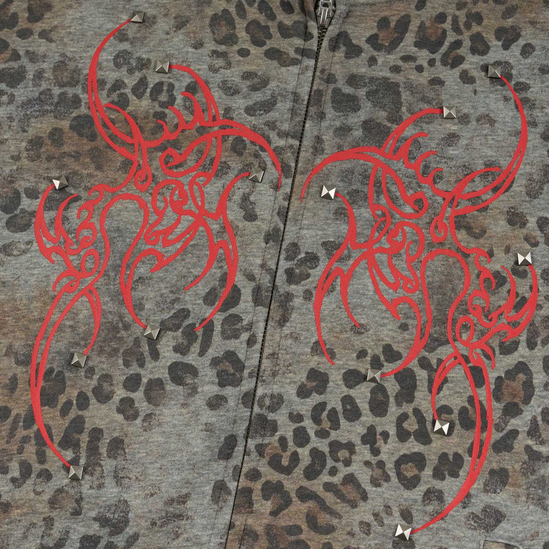 Sudadera con cremallera de estampado de leopardo, alas tribales y gráfico de águila doble