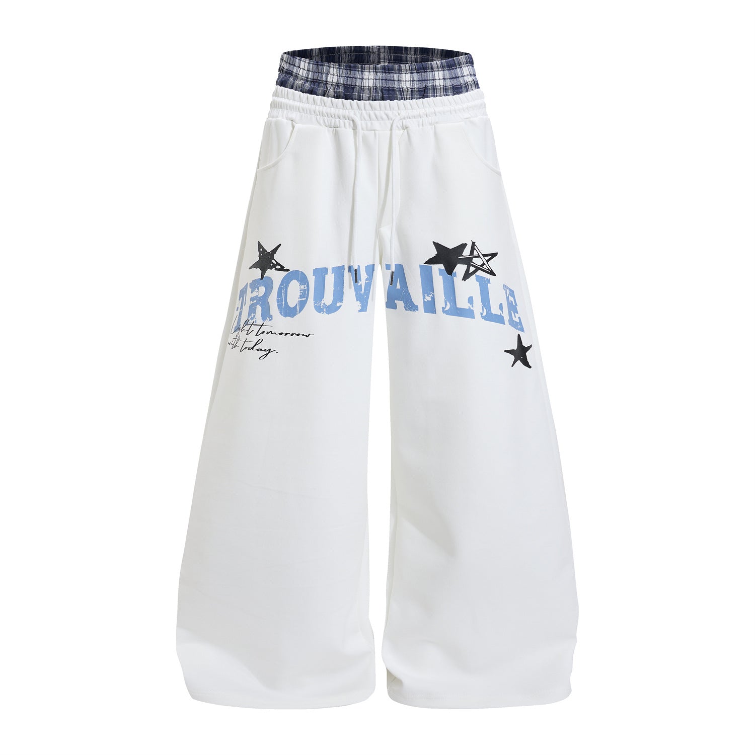 Wide-Leg Sweatpants with Plaid Waistband & Star Print – Trouvaille Graphic