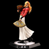 The Tengen Uzui Demon Slayer Figure is a 28CM PVC action figure featuring an anime-inspired character in a red top and white pants, holding decorated fans. It stands on an inscribed hexagonal base with one foot forward against a black background. From the Kimetsu no Yaiba Collection by Demon Slayer.