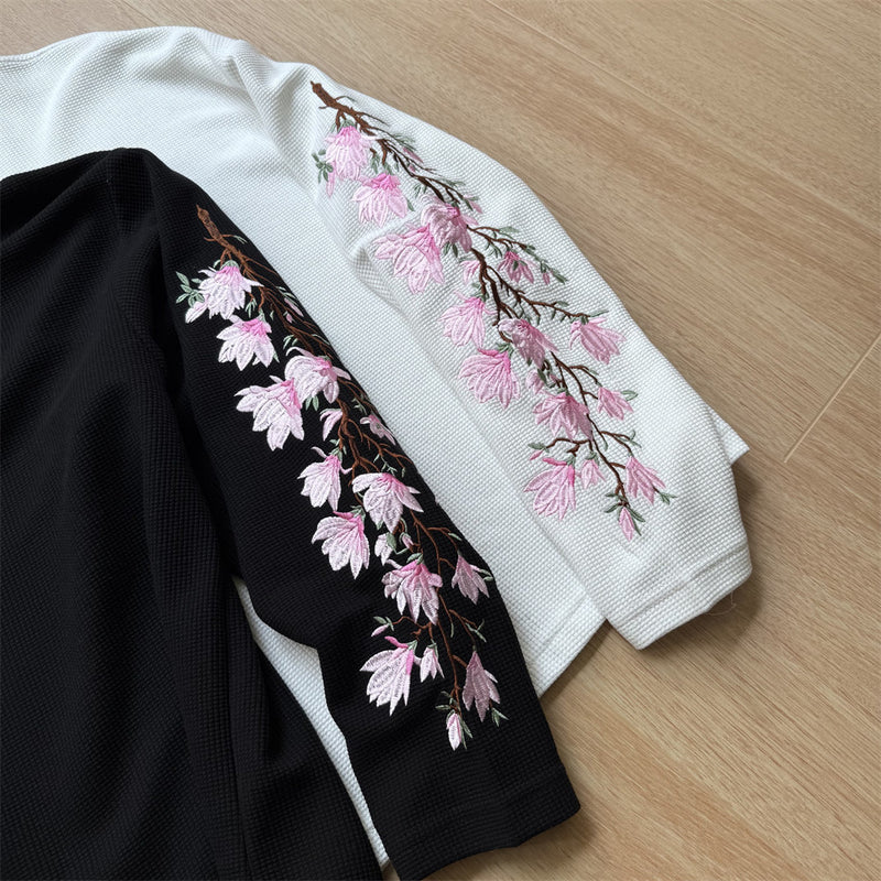 Mens Embroidered T Shirt – Floral Cherry Blossom Long Sleeve Crew Neck