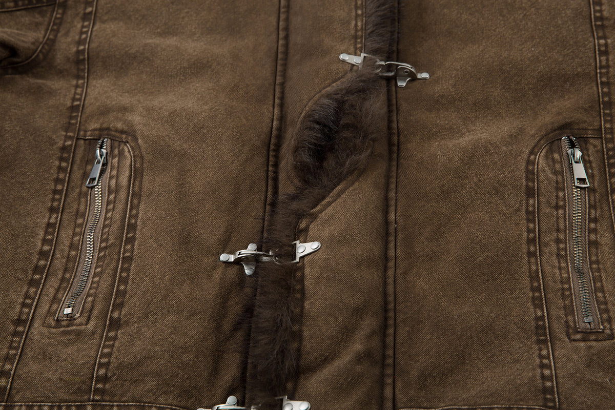 Sherpa Lined Denim Jacket with Fur Collar & Toggle Clasps
