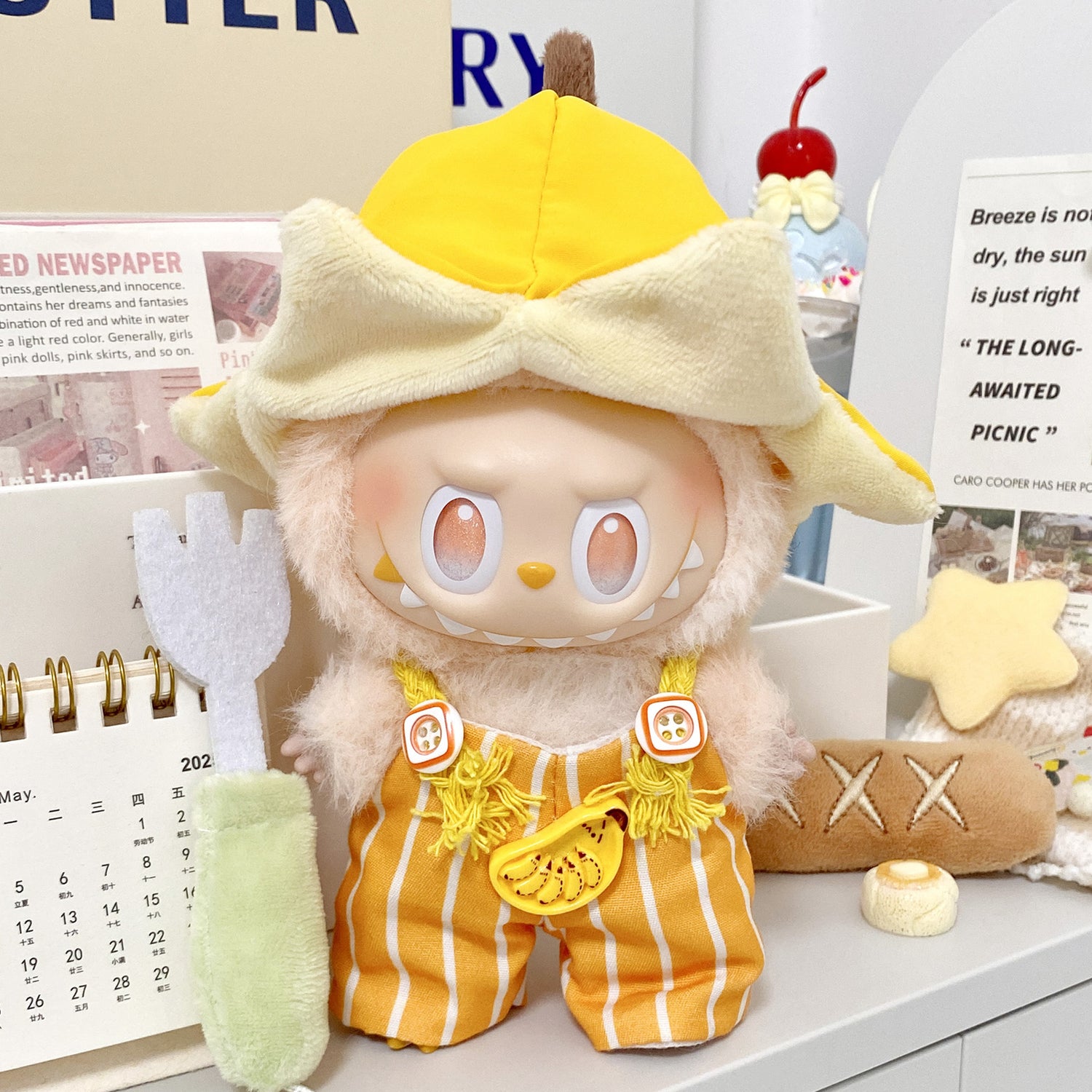 Labubu Sunny Banana Overalls &amp; Hat Outfit – All-Series Doll Clothes